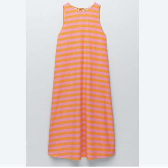 Zara Pink Orange Striped Sleeveless Midi Terrycloth Tank Dress Size S - Picture 2 of 12